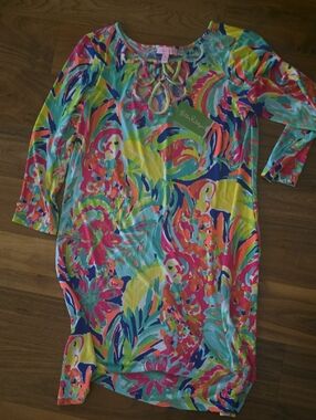 Lilly Pulitzer Neon Tropical Print Shift Dress in Pink, Green & Blue